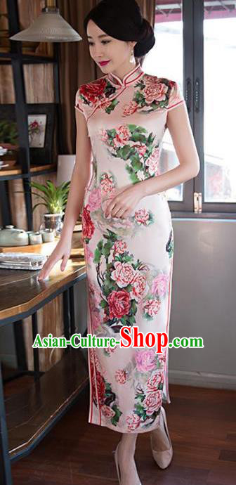 Top Grade Chinese Printing Rose Silk Qipao Dress National Costume Traditional Mandarin Cheongsam for Women