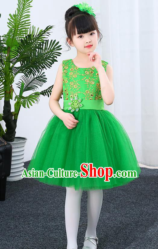 Top Grade Chorus Stage Performance Costumes Children Modern Dance Green Bubble Dress Modern Fancywork Clothing for Kids