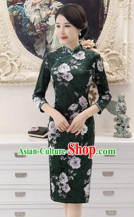 Top Grade Chinese Printing Flowers Atrovirens Qipao Dress National Costume Traditional Mandarin Cheongsam for Women