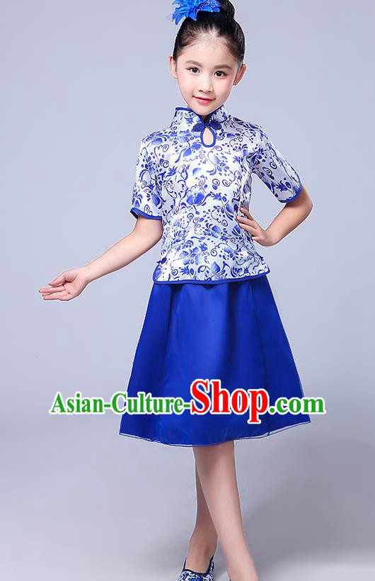 Chinese Ancient Chorus Costume Children Classical Dance Blue Dress Stage Performance Clothing for Kids