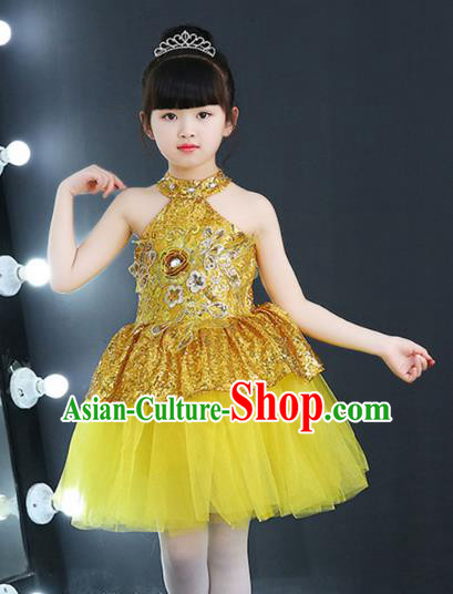 Top Grade Chorus Costumes Children Modern Dance Golden Sequin Bubble Dress for Kids