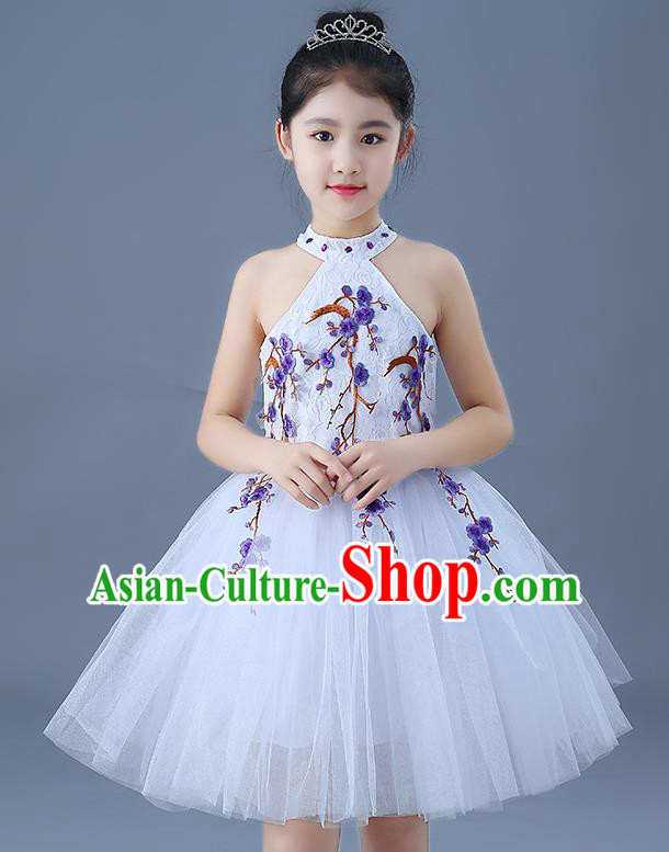 Top Grade Chorus Costumes Children Modern Dance Embroidered Purple Plum Blossom Bubble Dress for Kids