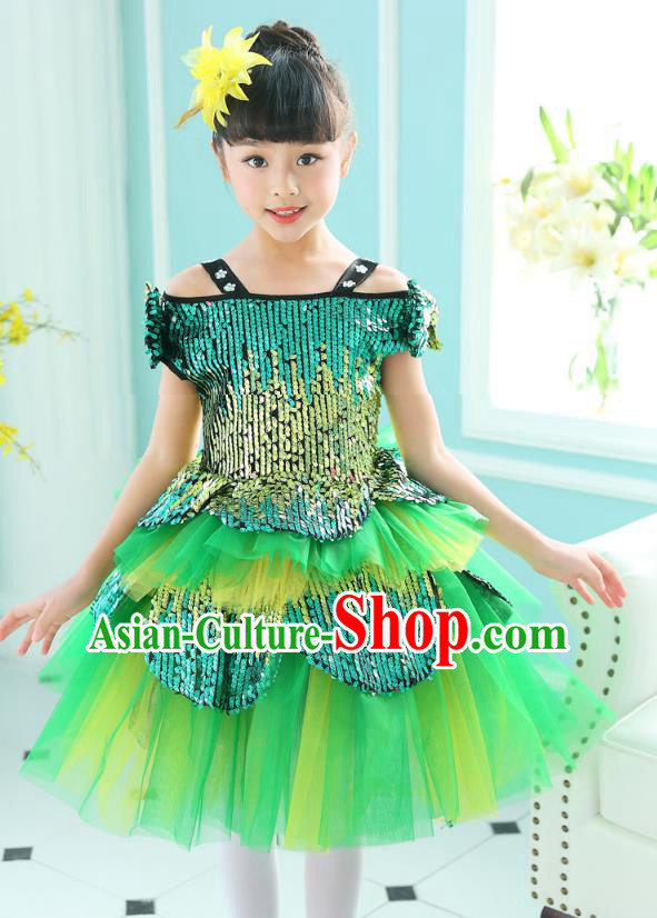 Top Grade Chorus Sequins Costumes Children Stage Performance Modern Dance Green Bubble Dress for Kids