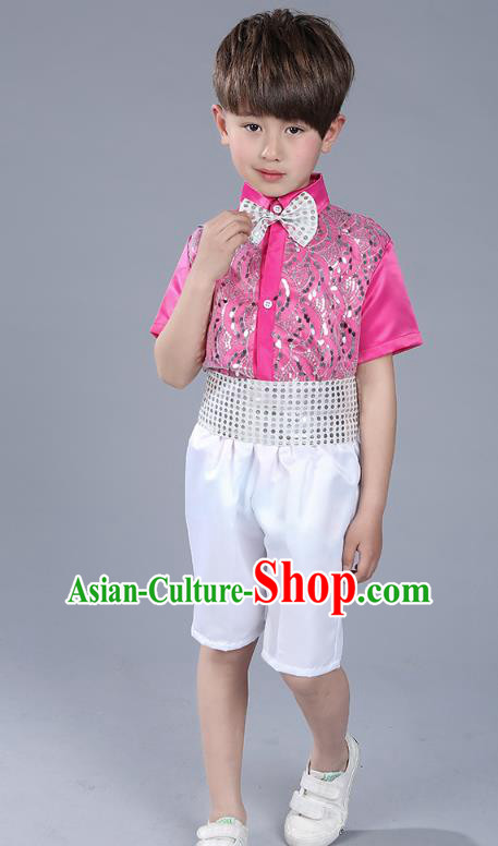 Top Grade Boys Chorus Sequins Costumes Children Compere Modern Dance Rosy Clothing for Kids