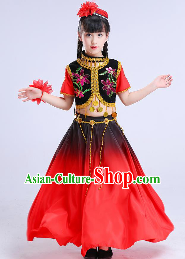 Chinese Traditional Folk Dance Costumes Uyghur Nationality Dance Red Dress Children Classical Dance Clothing for Kids