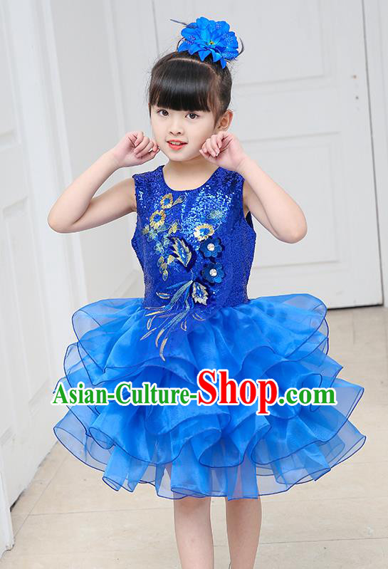 Top Grade Chorus Costumes Stage Performance Royalblue Sequins Bubble Dress Children Modern Dance Clothing for Kids