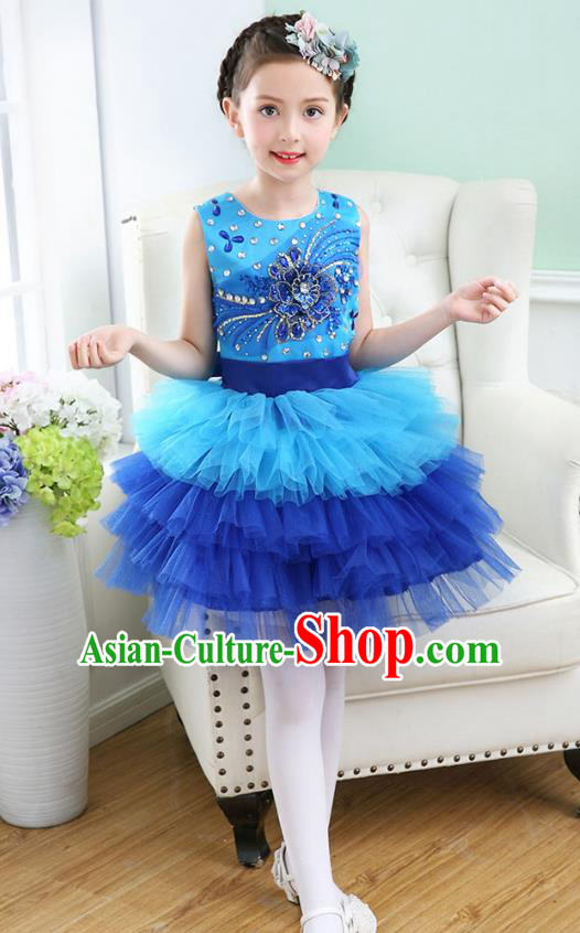Top Grade Chorus Costumes Stage Performance Princess Crystal Blue Bubble Dress Children Modern Dance Clothing for Kids