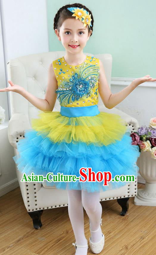Top Grade Chorus Costumes Stage Performance Princess Crystal Yellow Bubble Dress Children Modern Dance Clothing for Kids