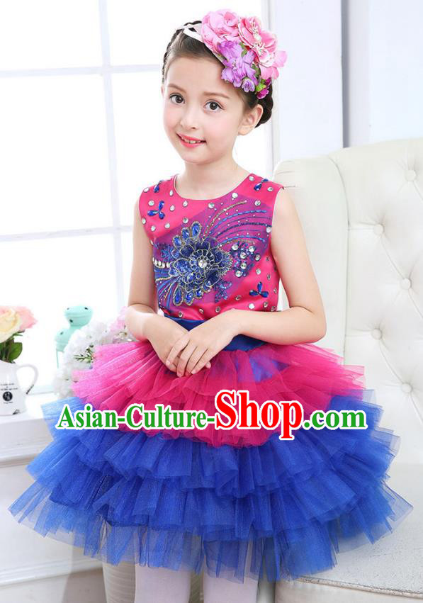 Top Grade Chorus Costumes Stage Performance Princess Crystal Rosy Bubble Dress Children Modern Dance Clothing for Kids