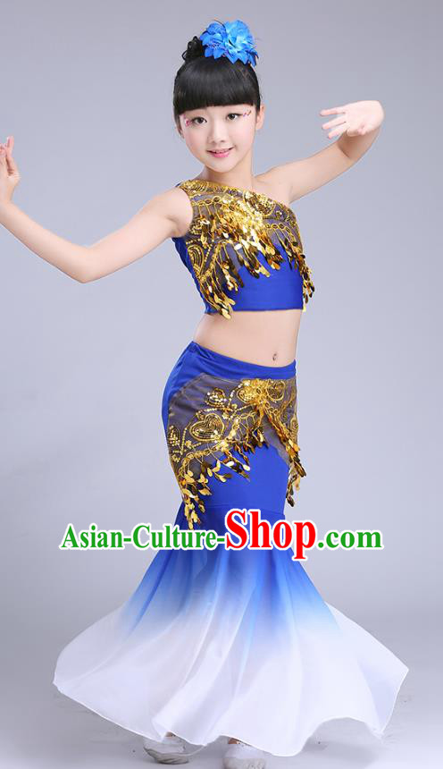 Chinese Traditional Folk Dance Costumes Pavane Dance Royalblue Dress Children Classical Peacock Dance Clothing for Kids