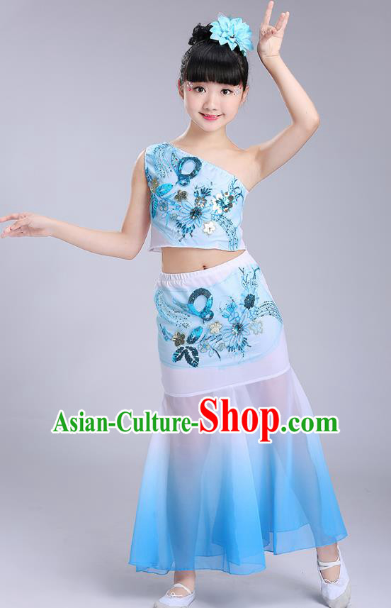 Chinese Traditional Folk Dance Costumes Dai Nationality Pavane Blue Dress Children Classical Peacock Dance Clothing for Kids
