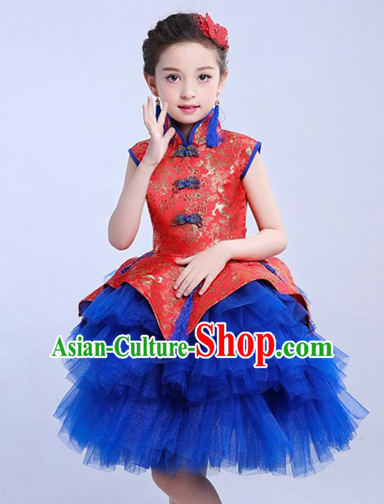 Chinese Traditional Folk Dance Costumes Compere Cheongsam Dress Children Classical Dance Clothing for Kids