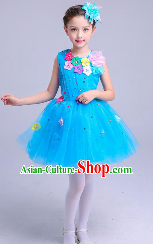 Top Grade Princess Blue Bubble Dress Girls Stage Performance Chorus Costumes Modern Dance Clothing for Kids