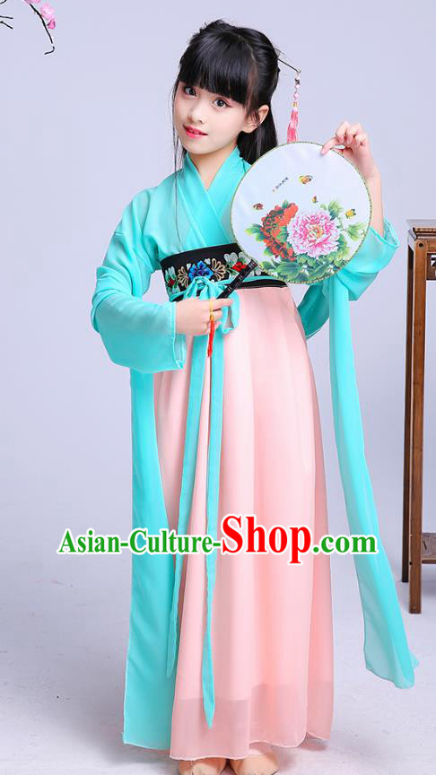 Chinese Traditional Folk Dance Costumes Ancient Green Hanfu Dress Children Classical Dance Clothing for Kids