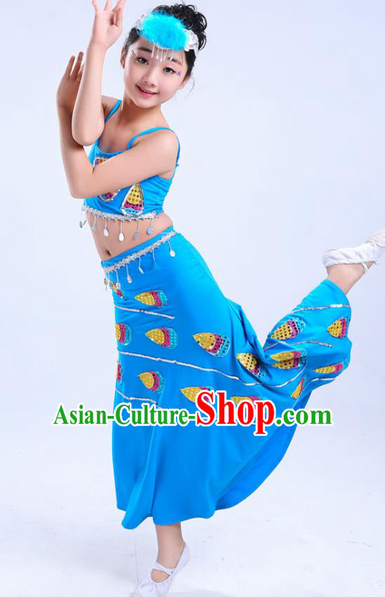 Chinese Traditional Folk Dance Costumes Children Dai Nationality Peacock Dance Classical Dance Blue Dress for Kids