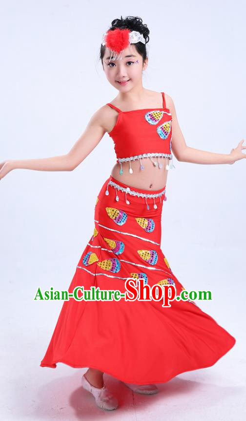 Chinese Traditional Folk Dance Costumes Children Dai Nationality Peacock Dance Classical Dance Red Dress for Kids