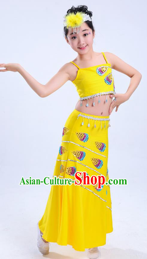 Chinese Traditional Folk Dance Costumes Children Dai Nationality Peacock Dance Classical Dance Yellow Dress for Kids