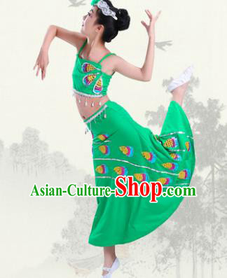 Chinese Traditional Folk Dance Costumes Children Dai Nationality Peacock Dance Classical Dance Green Dress for Kids