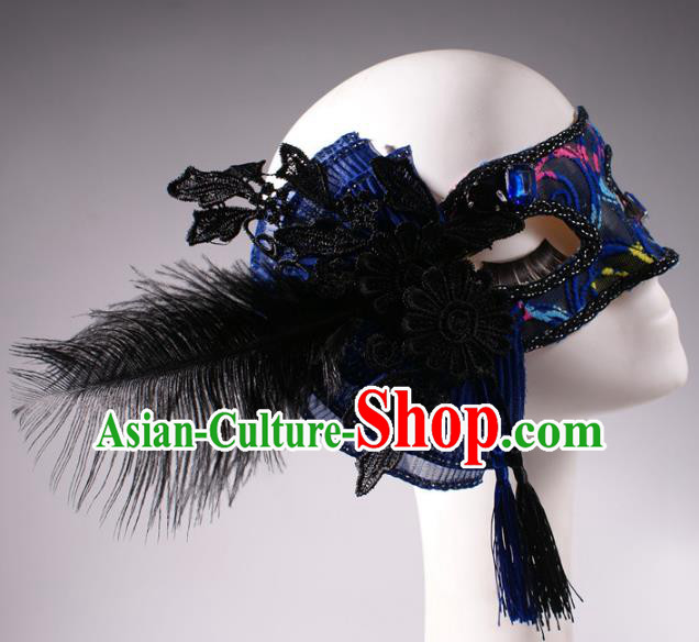 Halloween Fancy Ball Props Exaggerated Feather Blue Face Mask Stage Performance Accessories Christmas Mysterious Masks