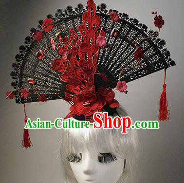Top Grade China Catwalks Hair Accessories Halloween Modern Fancywork Red Lace Fan-Shape Hair Clasp Headwear