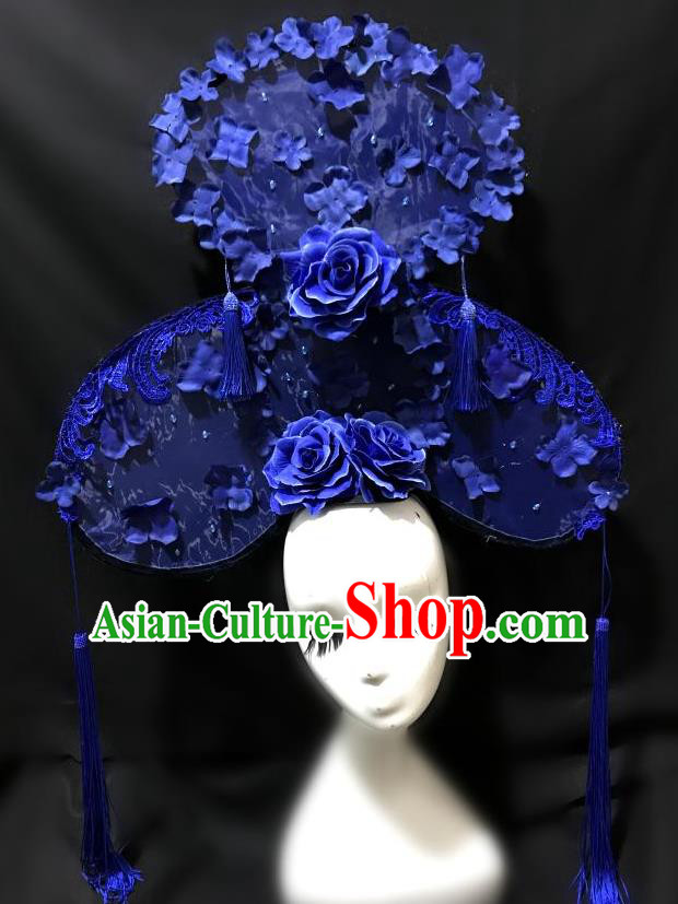 Top Grade Chinese Traditional Catwalks Hair Accessories Exaggerated Palace Blue Peony Headdress Halloween Modern Fancywork Headwear