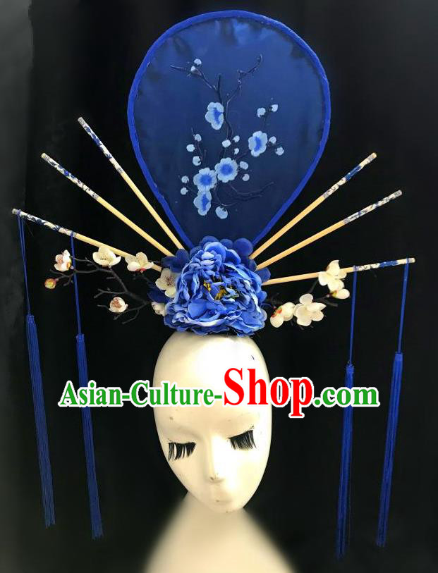Top Grade Chinese Traditional Catwalks Hair Accessories Exaggerated Palace Pincess Blue Headdress Halloween Modern Fancywork Headwear