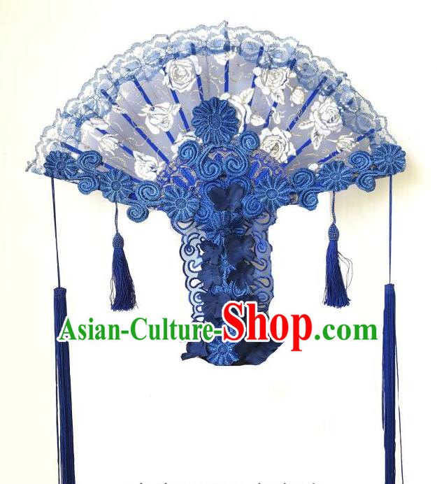 Top Grade Chinese Traditional Catwalks Hair Accessories Exaggerated Palace Pincess Blue Lace Headdress Halloween Modern Fancywork Headwear