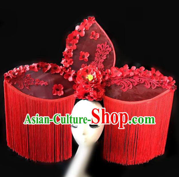 Top Grade Chinese Traditional Catwalks Hair Accessories Exaggerated Palace Pincess Red Tassel Headdress Halloween Modern Fancywork Headwear