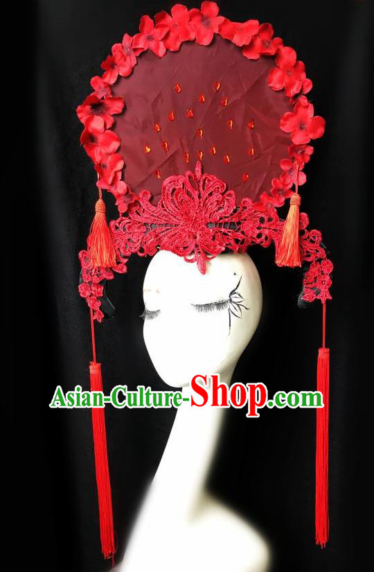 Top Grade Chinese Traditional Catwalks Hair Accessories Exaggerated Palace Pincess Red Flowers Headdress Halloween Modern Fancywork Headwear