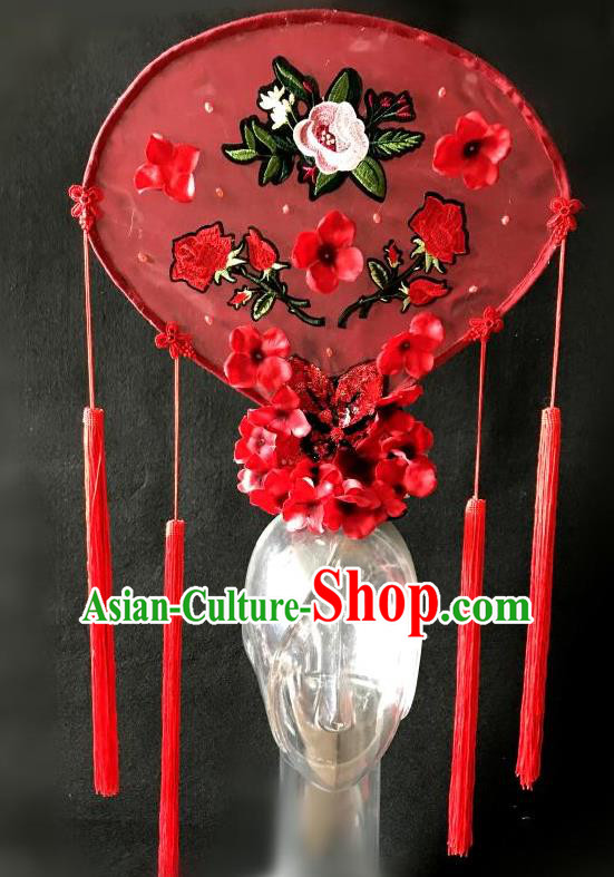 Top Grade Chinese Traditional Catwalks Hair Accessories Exaggerated Palace Pincess Red Embroidered Headdress Halloween Modern Fancywork Headwear