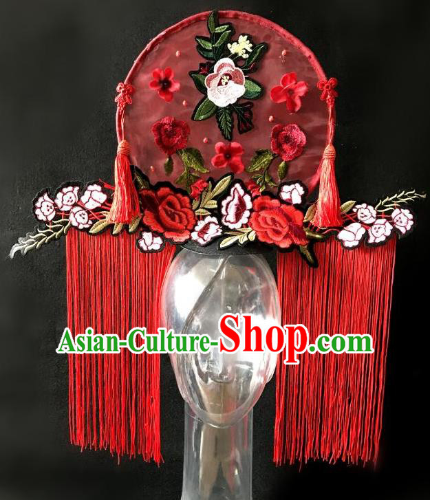 Top Grade Chinese Traditional Catwalks Tassel Hair Accessories Exaggerated Palace Pincess Red Embroidered Flowers Headdress Halloween Modern Fancywork Headwear