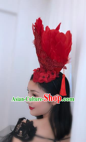 Top Grade Catwalks Hair Accessories Exaggerated Baroque Red Feather Hair Clasp Modern Fancywork Headwear