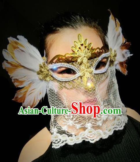 Halloween Handmade White Feather Face Mask Fancy Ball Catwalks Masks Christmas Exaggerated Feather Masks