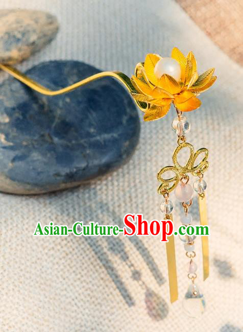 China Ancient Hair Accessories Hanfu Tassel Golden Lotus Hair Clip Chinese Classical Hairpins for Women