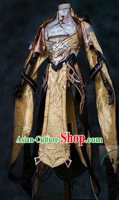 China Ancient Cosplay Female General Knight-errant Golden Costumes Chinese Traditional Swordsman Clothing for Women