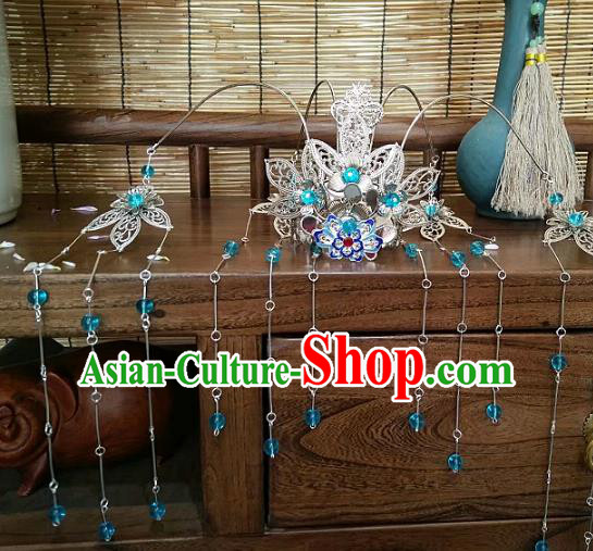 China Ancient Hair Accessories Hanfu Blue Beads Tassel Phoenix Coronet Chinese Traditional Hairpins for Women