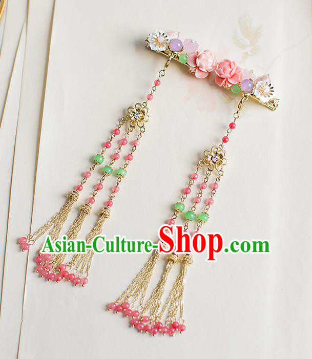 Chinese Traditional Palace Hair Accessories Xiuhe Suit Pink Beads Tassel Hair Claws Ancient Hairpins for Women