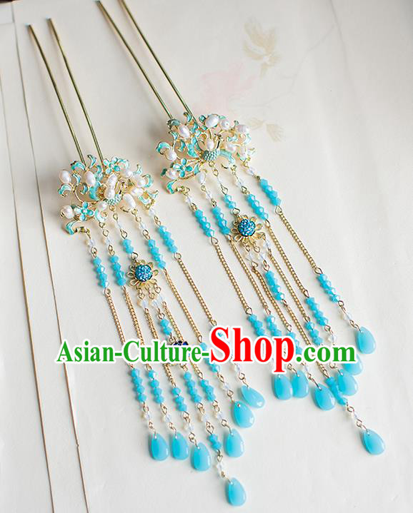 Chinese Traditional Palace Hair Accessories Xiuhe Suit Blue Tassel Hair Clips Ancient Hairpins for Women