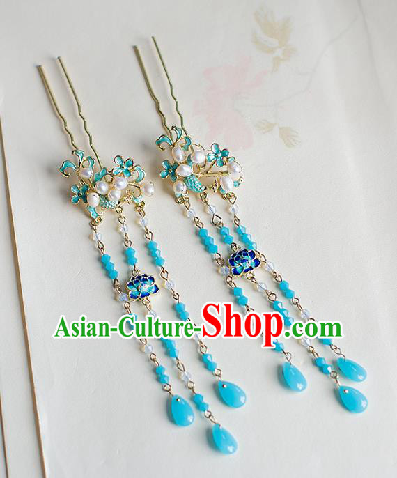 Chinese Traditional Palace Hair Accessories Xiuhe Suit Blueing Lotus Tassel Hair Clips Ancient Hairpins for Women