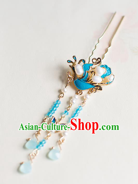Chinese Traditional Palace Hair Accessories Xiuhe Suit Blueing Phoenix Pearls Hair Clips Ancient Hairpins for Women