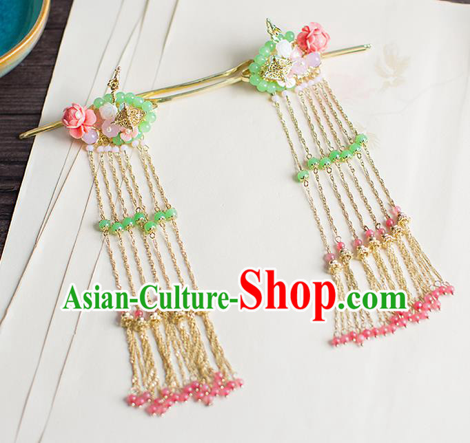 Chinese Traditional Palace Hair Accessories Xiuhe Suit Green Beads Hair Clips Ancient Hairpins for Women