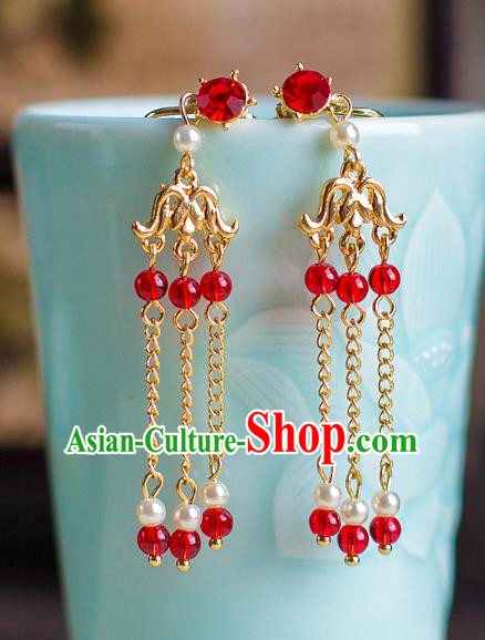 Chinese Ancient Bride Classical Accessories Earrings Wedding Jewelry Hanfu Red Crystal Tassel Eardrop for Women