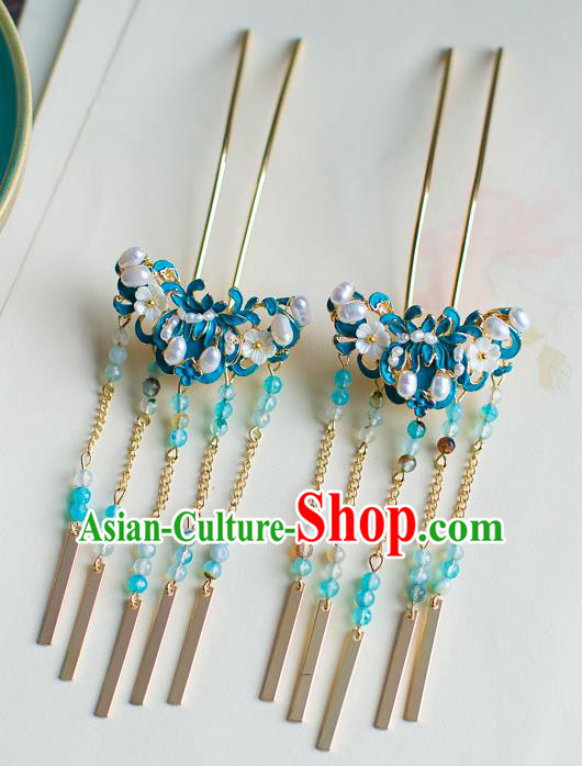 Chinese Traditional Palace Hair Accessories Xiuhe Suit Blue Lotus Hair Clips Ancient Hairpins for Women