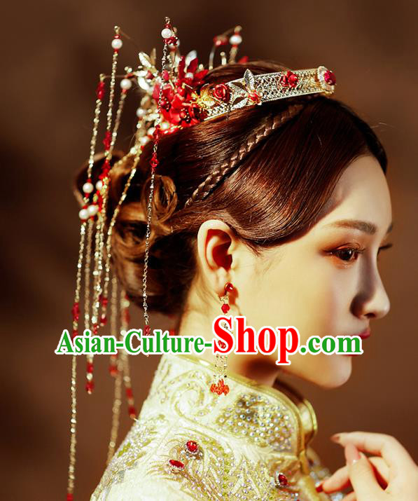 Chinese Traditional Palace Hair Accessories Wedding Red Flowers Phoenix Coronet Ancient Xiuhe Suit Hairpins Complete Set for Women