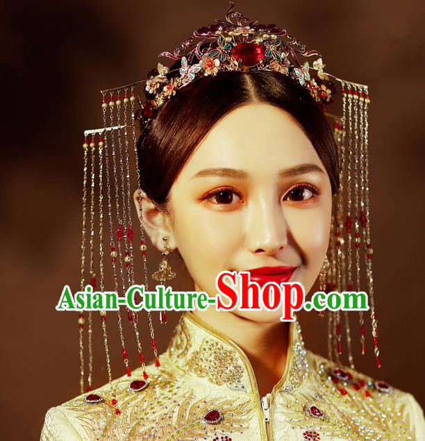 Chinese Traditional Palace Hair Accessories Wedding Blueing Butterfly Phoenix Coronet Ancient Xiuhe Suit Hairpins Complete Set for Women