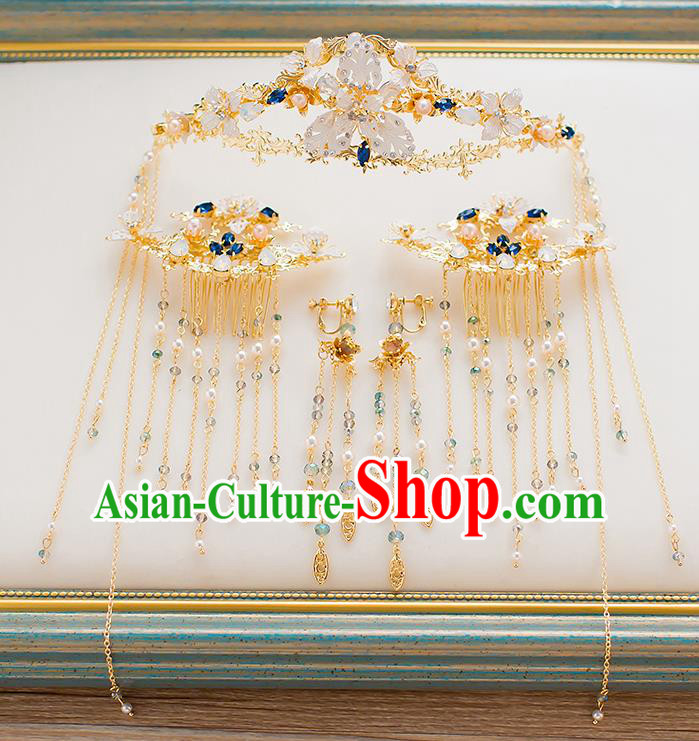 Chinese Traditional Palace Hair Accessories Xiuhe Suit Golden Phoenix Coronet Ancient Tassel Hairpins Complete Set for Women