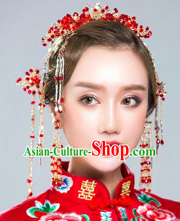 Chinese Traditional Palace Hair Accessories Xiuhe Suit Red Beads Phoenix Coronet Ancient Hairpins Complete Set for Women