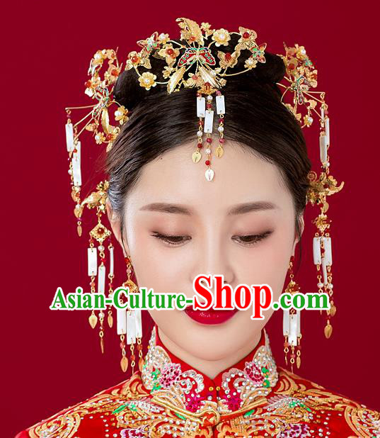 Chinese Traditional Palace Hair Accessories Xiuhe Suit Phoenix Coronet Ancient Jade Tassel Hairpins Complete Set for Women