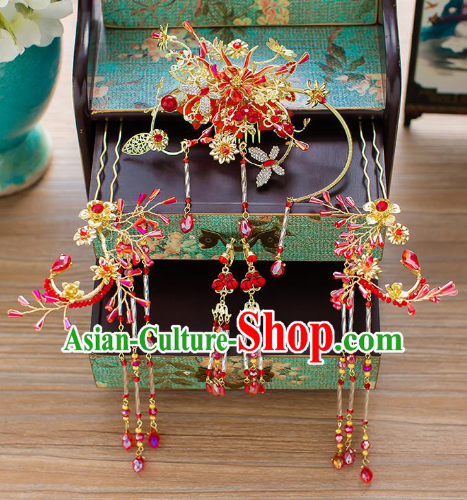 Chinese Traditional Palace Hair Accessories Red Tassel Phoenix Coronet Ancient Xiuhe Suit Hairpins Complete Set for Women