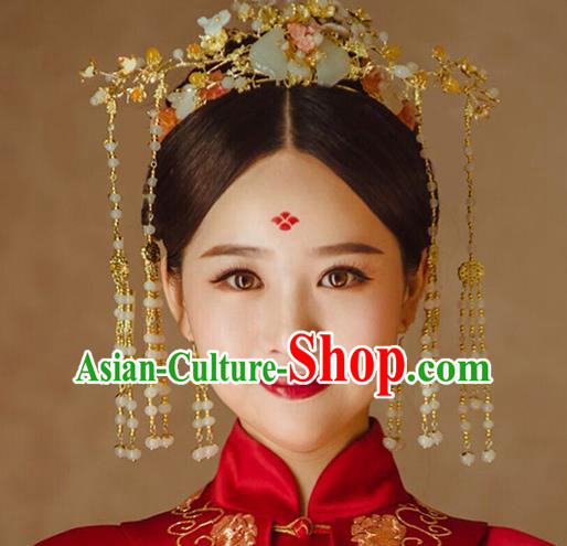 Chinese Traditional Palace Hair Accessories Xiuhe Suit Jade Phoenix Coronet Ancient Hairpins Complete Set for Women